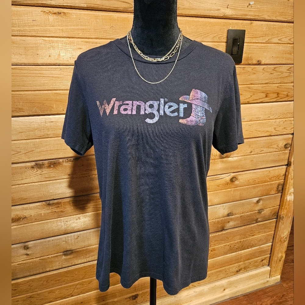 Wrangler Womens Black Tee Pink & Purple Cowboy Hat & Boot Size Large